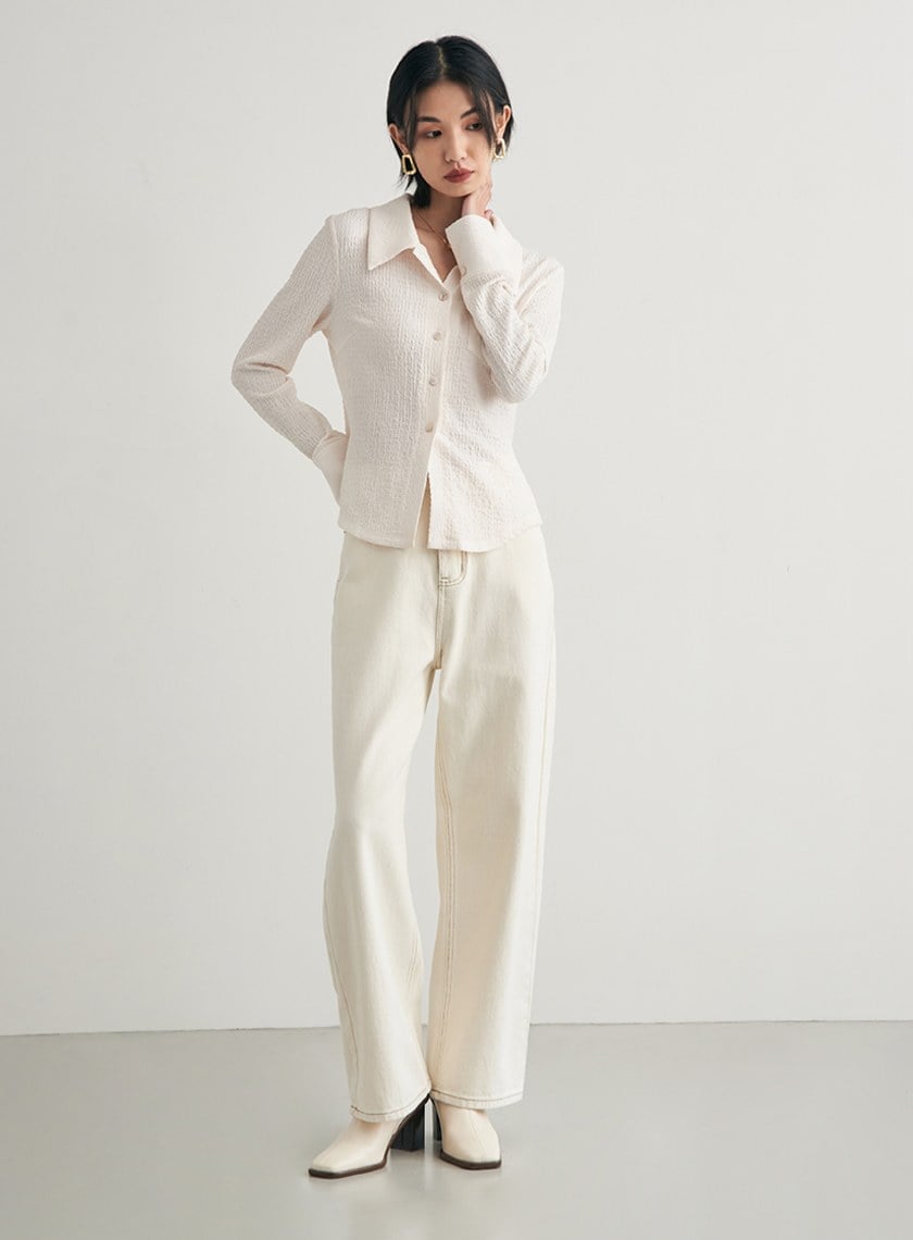 肌理感彈性長袖襯衫上衣